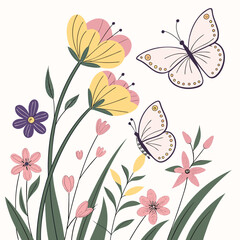 Charming illustration of delicate pink and yellow flowers with green leaves and two light pink butterflies fluttering amongst them