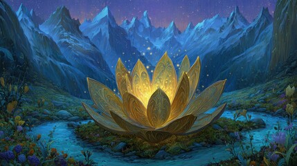 Glowing Lotus Flower In Mountain Landscape At Night