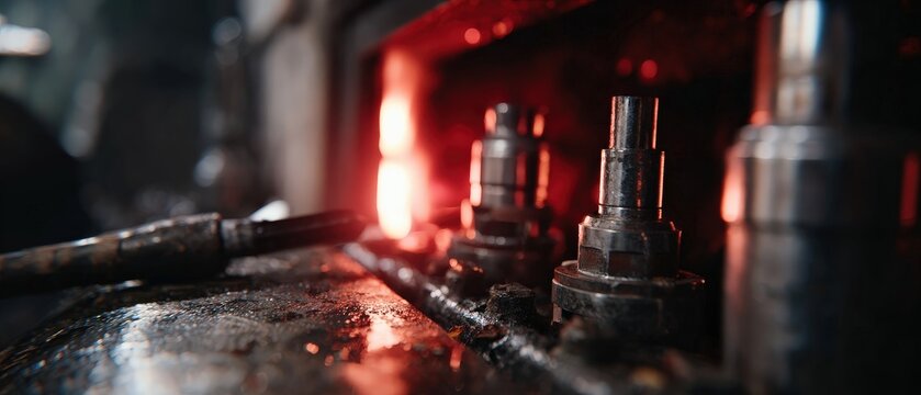 Closeup of industrial forging press with glowing hot metal, showcasing metalworking and manufacturing process in a dark, gritty factory setting
