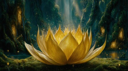 Golden Lotus Flower In Glowing Forest