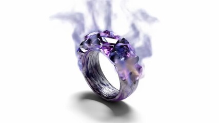 Gem-encrusted ring levitates amidst faint, ethereal purple smoke on bright white ground - Powered by Adobe
