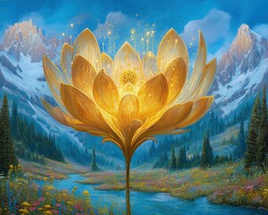 Golden Lotus Flower In Mountain Meadow Landscape
