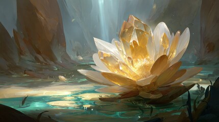 Glowing Golden Crystal Lotus In Cave Landscape