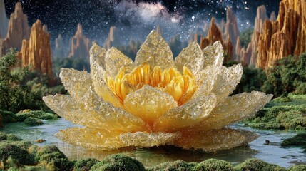 Golden Glittering Lotus Flower In A Surreal Landscape
