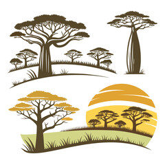 Collection of stylized african savanna trees including iconic baobab and acacia silhouettes against a white background