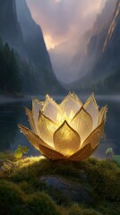 Golden Lotus Flower By Lake At Sunset In Mountains