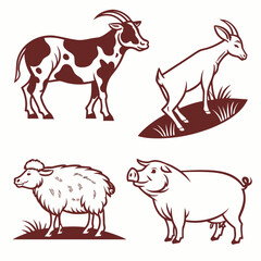 Collection of stylized farm animals including a cow goat sheep and pig depicted in a simple graphic illustration style