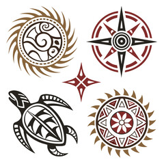 Collection of stylized tribal tattoo designs featuring a sea turtle sun compass rose and starburst motifs © Stock