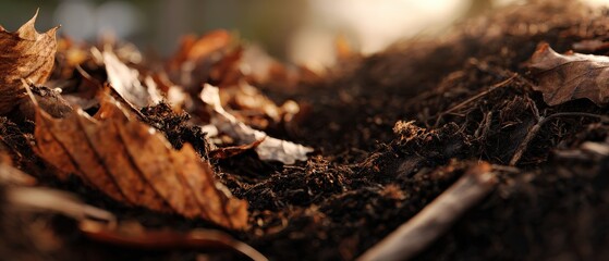 Closeup of rich brown soil and fallen autumn leaves in golden sunlight, showcasing natural decomposition and the beauty of the forest floor Concept of nature, environment, and seasons