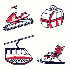 Collection of stylized winter transportation icons including a snowmobile gondola tram and a sled chair against a white background