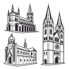 Fototapeta premium Collection of three distinct architectural line drawings of european cathedrals and churches with spires and domes