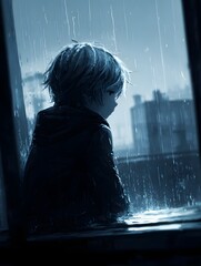 Melancholic Child Portrait in Rain: Moody Urban Window Reflections in Blue Tones of Emotional Solitude