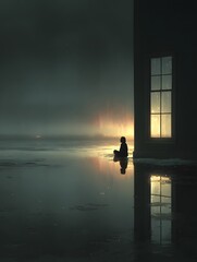 Silhouette Reflections of Solitude: Moody Atmosphere and Dim Lighting in a Foggy Landscape with Tranquil Water