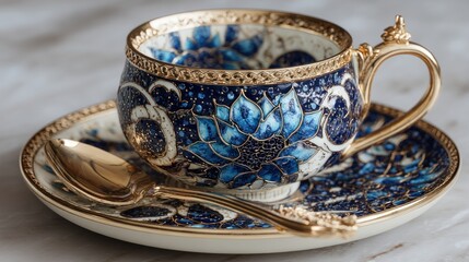 Exquisite ornate teacup with golden accents, featuring a floral and celestial design