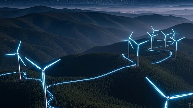 Wind turbines glowing brightly on a mountain range at night with trails of light