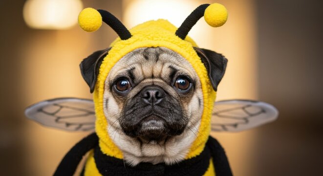 Pug dog dressed as a bee with yellow and black costume and wings on blurred background