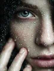 Close-Up Portrait of Captivating Beauty: Wet Skin and Emotional Intensity in Raindrops with Dark Hair and Striking Features in an Atmospheric Portraiture with Ethereal Vibe and Alluring Presence