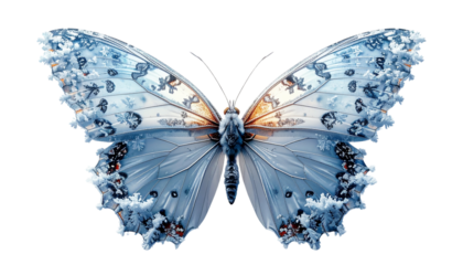 Surreal butterfly with delicate wings shaped like snowflakes, isolated on transparent background, magical winter Christmas fantasy.