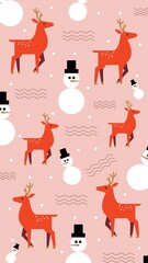 Seamless Christmas Pattern with Deer and Snowman