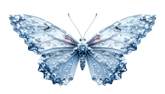 Surreal butterfly with delicate wings shaped like snowflakes, isolated on transparent background, magical winter Christmas fantasy
