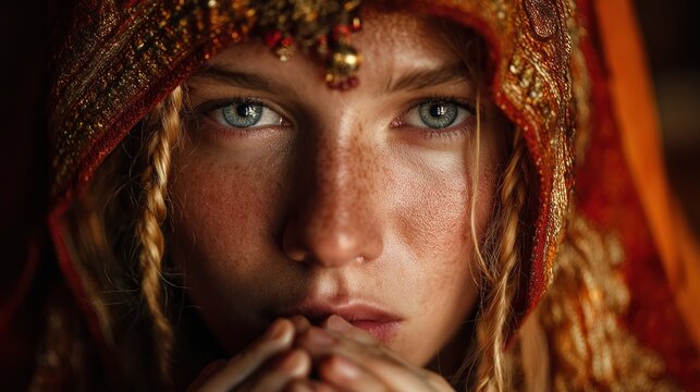 Enigmatic gaze of a woman, adorned with tradition, in an evocative close-up portrait