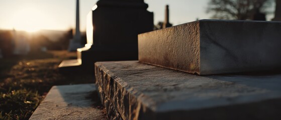 Serene Cemetery at Sunset: Closeup of Weathered Tombstones in Golden Light, Reflecting on Mortality and Remembrance