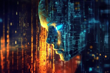 Digital representation of a humanoid figure with futuristic elements in a tech-inspired environment