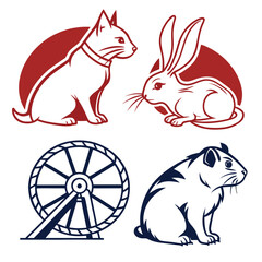 Set of stylized vector illustrations featuring a cat rabbit hamster and hamster wheel in a clean graphic design style