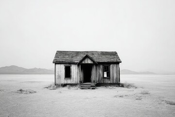 Abandoned Wooden House In Desolate Landscape