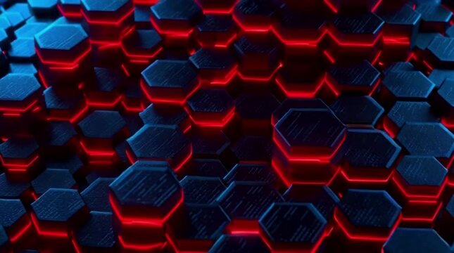 ia generated. "A futuristic 3D abstract pattern made of glossy black hexagons arranged in a honeycomb structure. The hexagons are raised at different levels, creating depth and shadows.