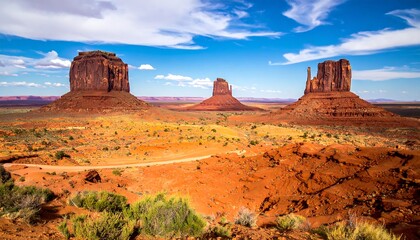 A majestic landscape of towering sandstone buttes under a vast blue sky, with a desert foreground