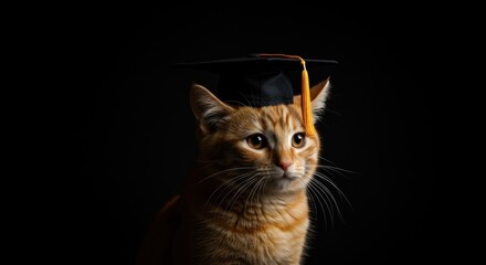 Obraz premium Ginger cat wearing a graduation cap on a black background looking to the right