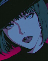 Anime Character Digital Art: Vibrant Colors and a Mysterious Gaze in Neon Aesthetic Portrait with Expressive Eyes and Stylish Hat
