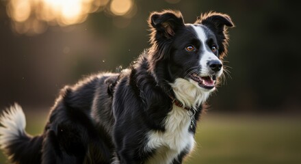 Fototapeta premium Border collie dog stands in a field with the sun setting behind it in the evening