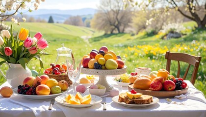 A Scenic Outdoor Picnic with Fruits, Flowers, and a Beautiful Landscape