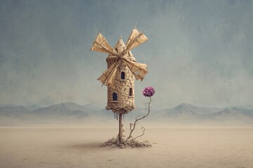 Whimsical Windmill In Dusty Desert Landscape