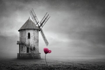 Old Gray Stone Windmill With Pink Flower Under Cloudy Sky