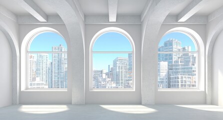 Fototapeta premium Bright, empty white room with arched windows showcasing a city skyline