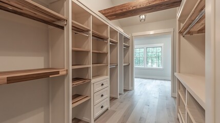 Minimalist farmhouse closet, clean design, wooden accents
