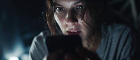 Anxious Caucasian woman in her 30s looking at her smartphone in the dark at night, feeling worried and concerned about online news or social media content Concept of digital addiction