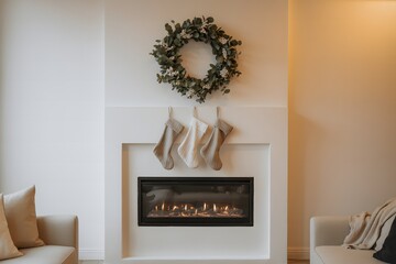 Modern fireplace with an electric fire, adorned with a green wreath and three festive stockings, set in a minimalist living room with sofas