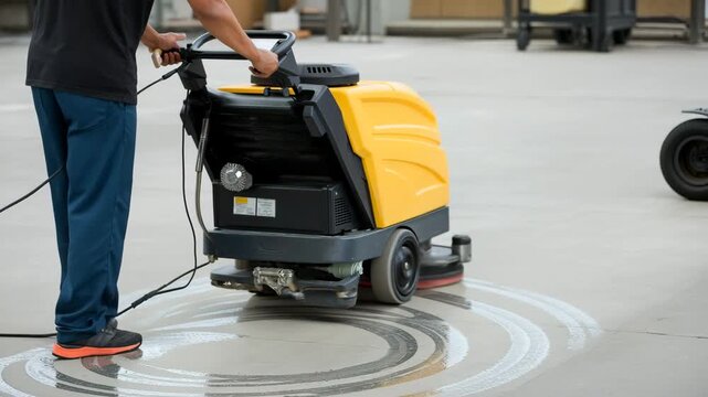 Industrial Floor Cleaner in Operation: An industrial floor cleaner scrubs and polishes a concrete surface in a warehouse, embodying efficiency and cleanliness. 