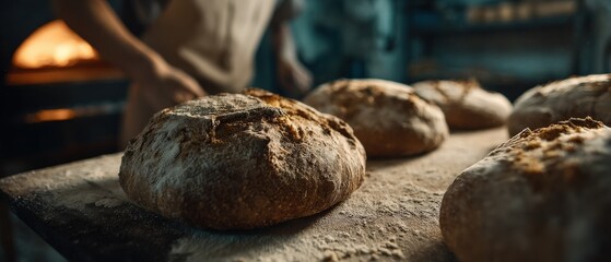 Baker preparing freshly baked sourdough bread loaves in a rustic bakery, showcasing artisan bread making and traditional baking techniques