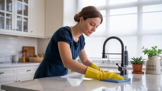 Kitchen Cleaning: A focused woman diligently wipes down the kitchen countertop, using a cloth to ensure a spotless surface. The scene emanates cleanliness, organization and home life comfort.