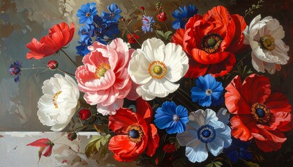 A vibrant floral still life painting featuring poppies, anemones and blue flowers