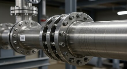 Obraz premium Closeup of a stainless steel pipe with flanges and bolts in an industrial setting