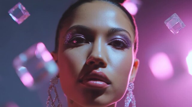 Captivating Portrait of a Model with Radiant Skin and Sparkling Accessories, Surrounded by Floating Crystals, Emphasizing Glamour and Fashion in a Stylish Environment with Soft Lighting Effects