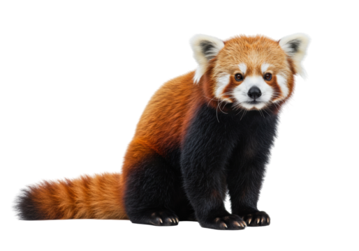 Adorable red panda isolated PNG, sitting upright with fluffy fur and expressive eyes, cute animal on transparent background