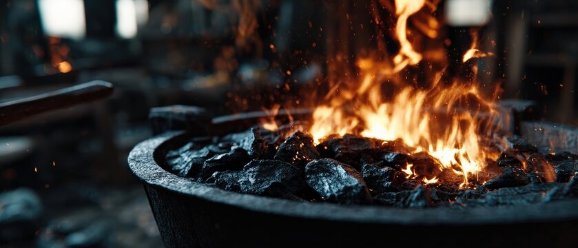 Intense flames engulfing coal in a blacksmiths forge, creating a fiery spectacle of heat and light Concept of craftsmanship, industry, and traditional metalworking