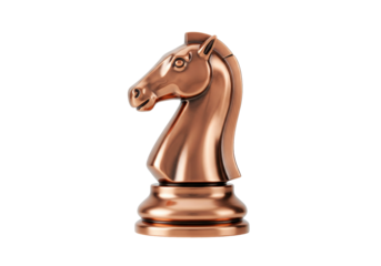 Copper knight chess piece isolated on transparent background, metallic horse head figurine for board game and decorative use